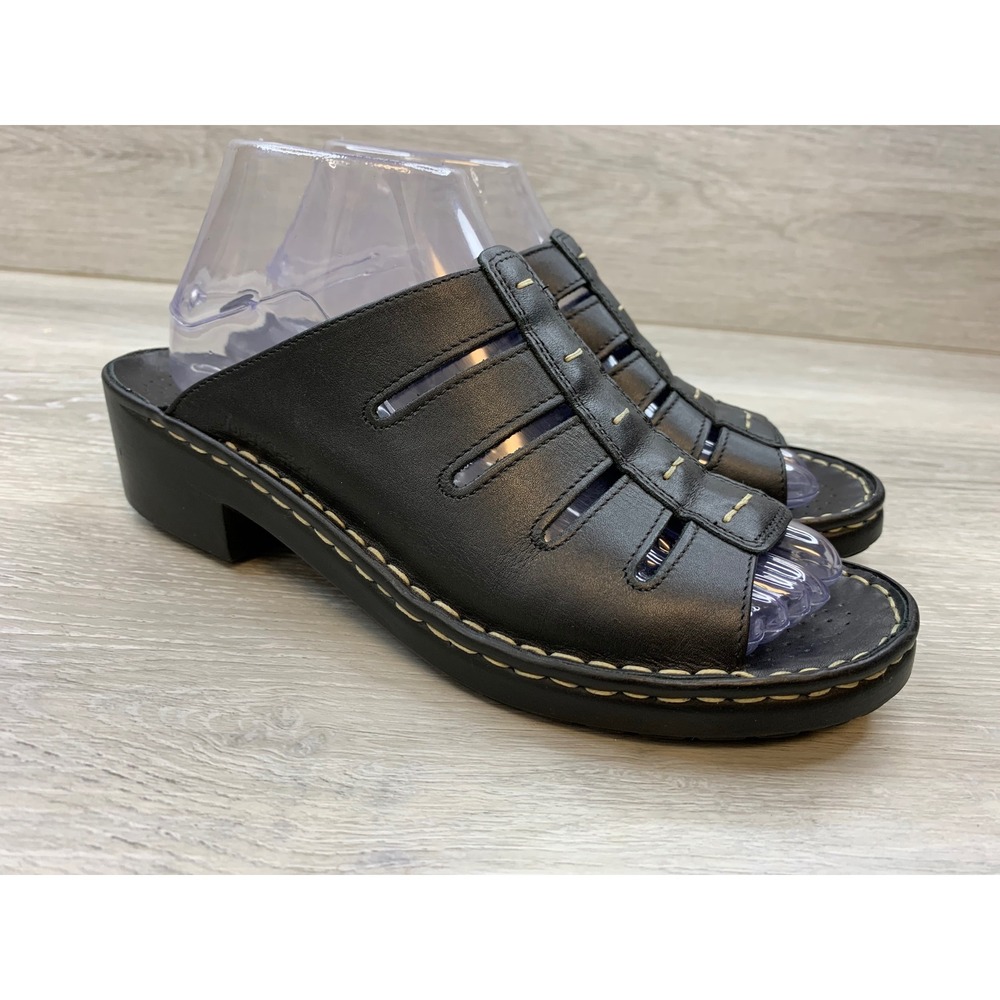 Josef Seibel Black Leather Caged Slide Sandals Mules Women's 39 EU 8 US